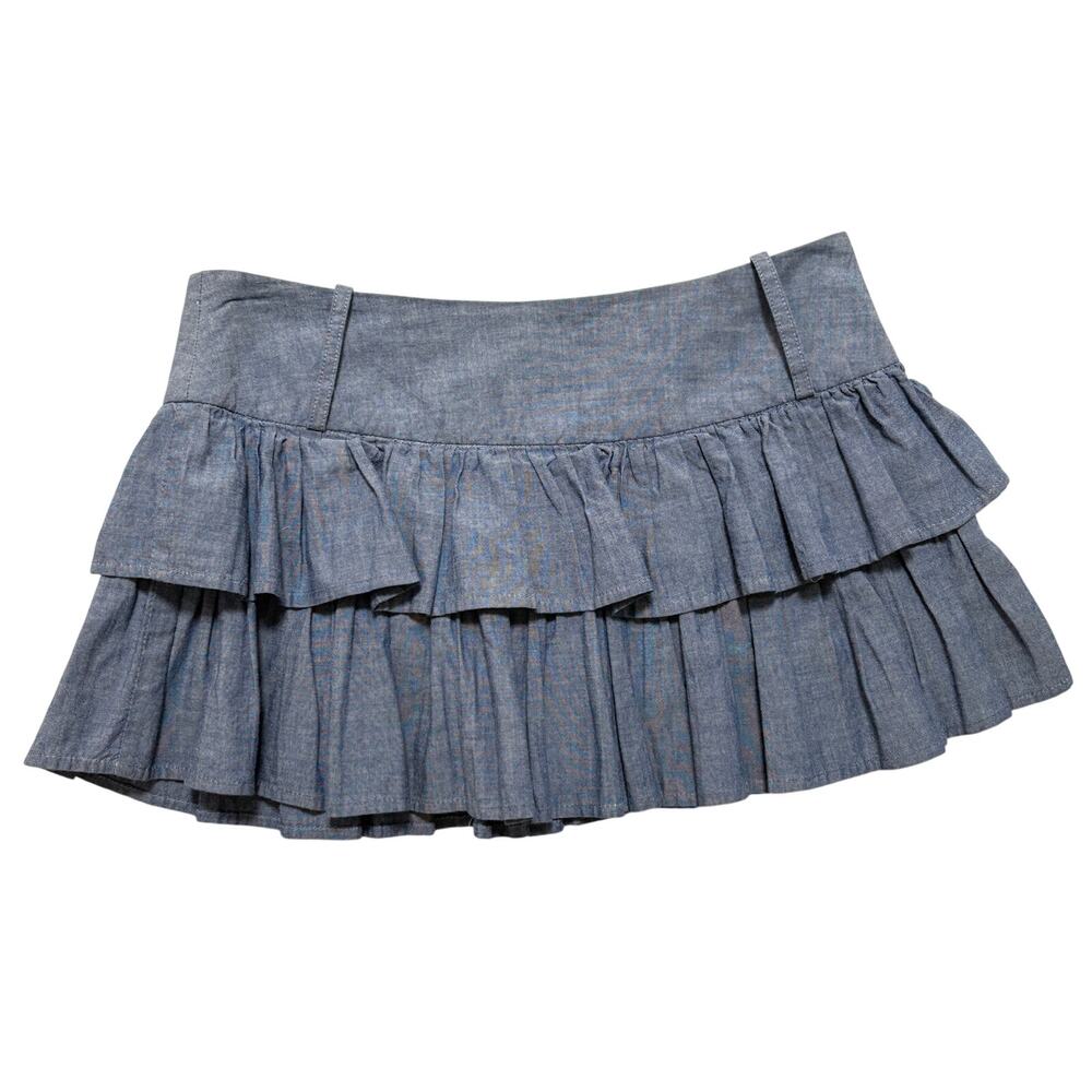 VTG Y2K Wet Seal Blue Chambray Ruffle Pleated Micro Mini Skirt S